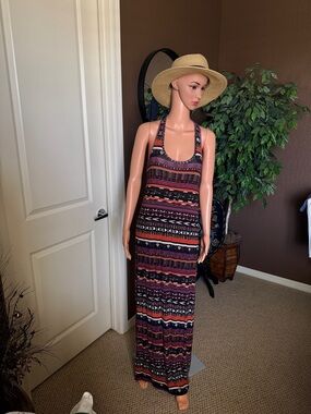 Loveappella Black, Rust & Pink Striped Tribal Racerback Maxi Dress